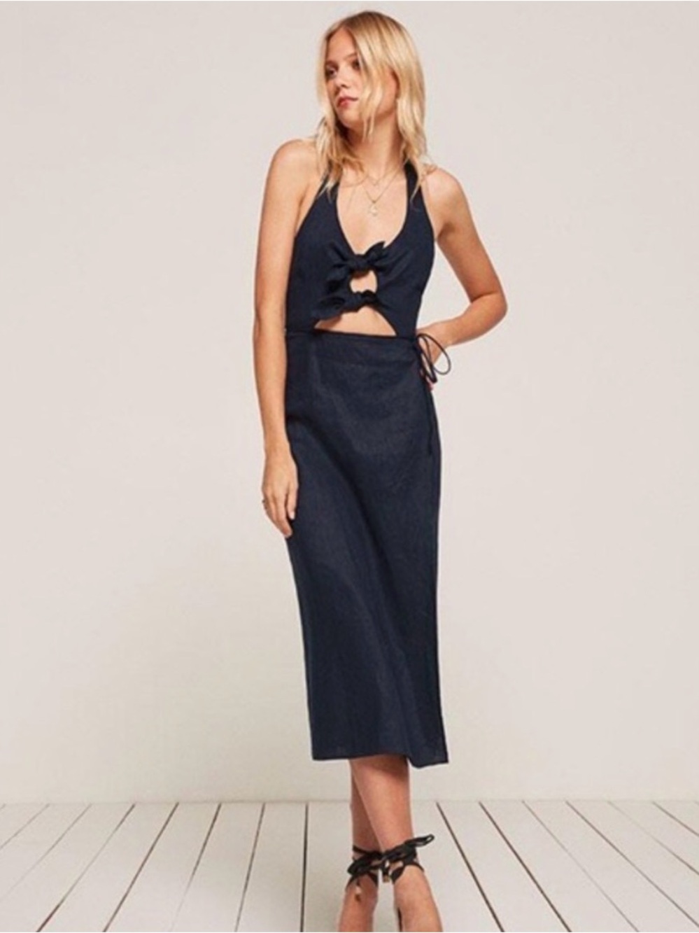NWT Reformation Amalfi Dress XL Navy Linen Halter Tie Front Midi